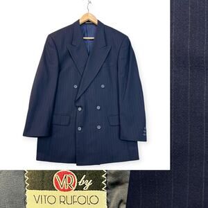 Vito Rufolo Blazer Jacket Double Breasted Striped Navy 42R Peak Lapel 100% Wool
